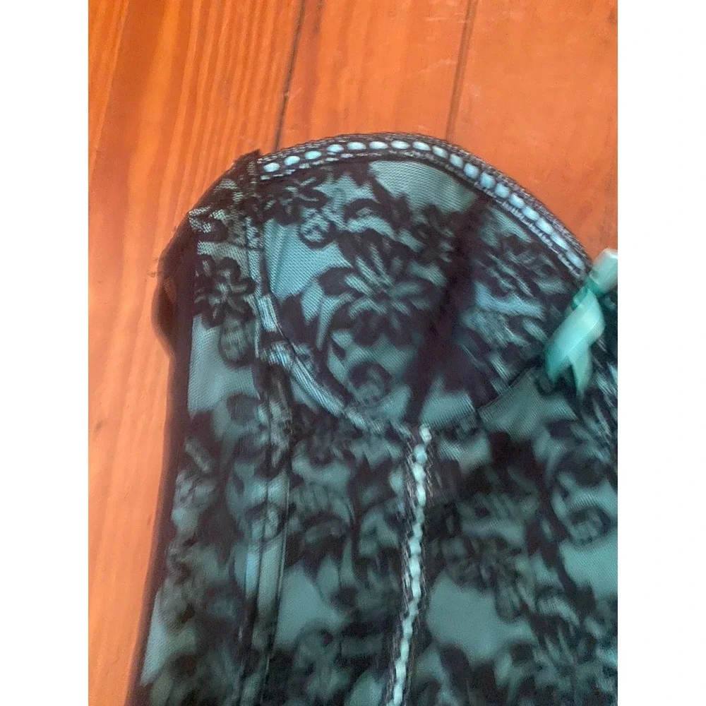 Carrie Amber Intimates Corset Bustier Set Teal Black Lace Ruffle 5086T Small